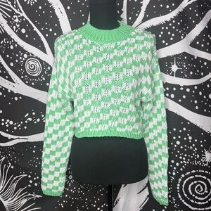 White & Green Checkered Sweater Sz XS